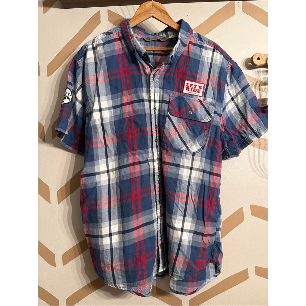 Harley Davidson Blue White Plaid Let's Ride Short Sleeve Button-Up Camp Shirt XL